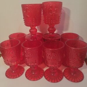 VTG 1970'S Fleur De Lis Designed Small Glass Red Footed Goblets Qty10